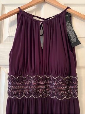 R&M Richards Plum Halter Evening Dress with Beaded Waist